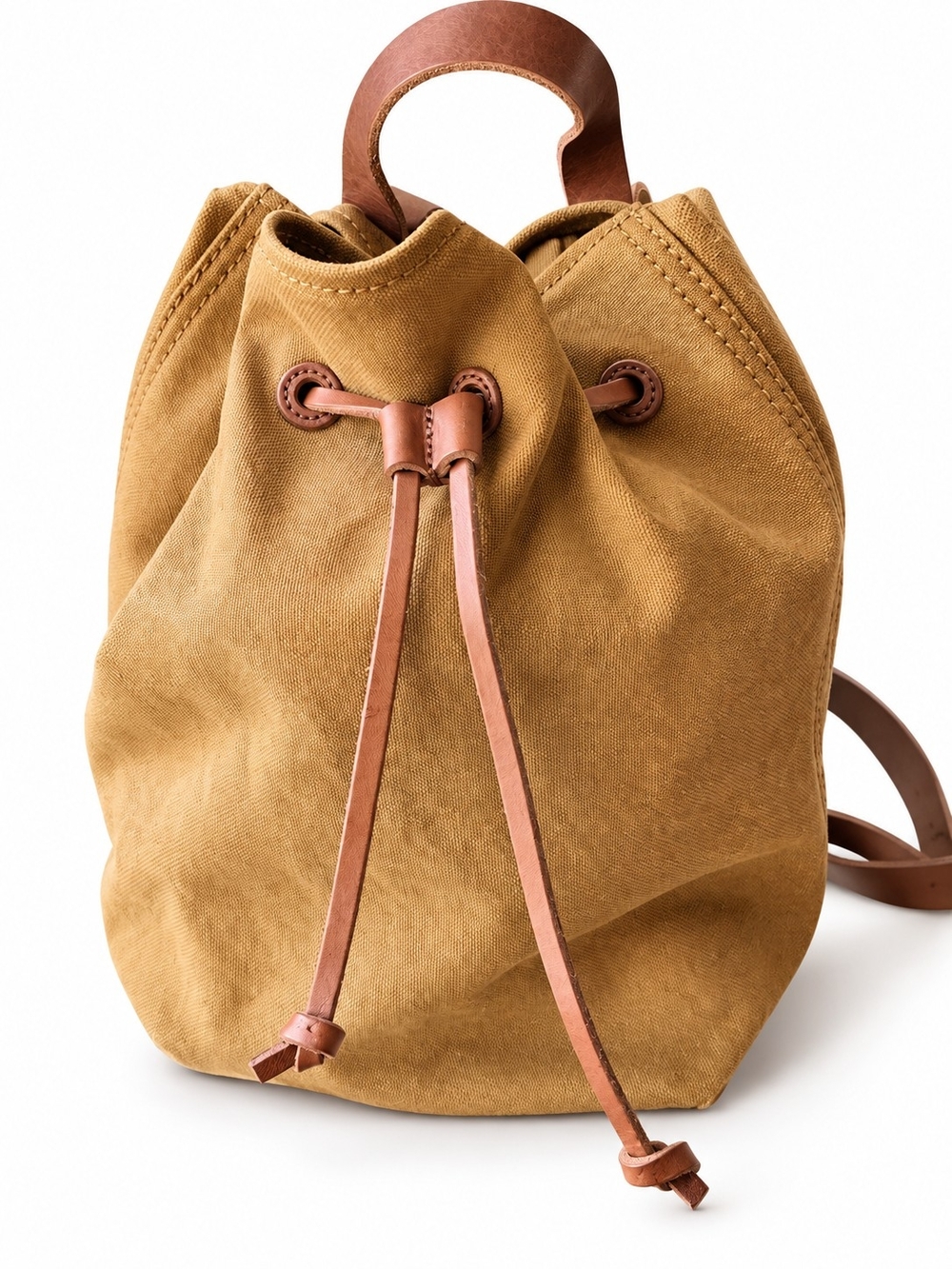 MADEWELL Canvas Drawstring Backpack in Tan with Leather Trim